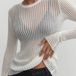 Women s T Shirt 2023 Transparent Long Sleeve T Shirts Fashion White Elegant Striped See Through Women Top Outfits Tees Skinny Club Party Clothes 230822