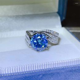 Cluster Rings Passed Diamond Test Classic 3ct 5ct Blue Moissanite Ring Bright Cut 925 Silver Women Bride Marry Luxury Jewellery