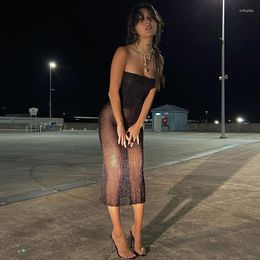 Casual Dresses Black Mesh Off Shoulder Sleeveless Patchwork See Through Sexy Midi Dress Summer Bodycon Holiday Party Outfits Y2K