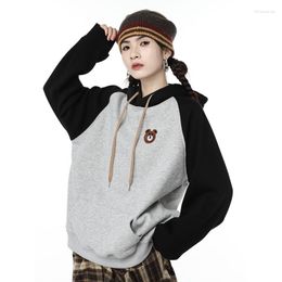 Women's Hoodies Women Clothing Grey Sweatshirt Colour Contrast Female Vintage Fashion Street Style Winter Thicken Warm Baggy Pullover Tops