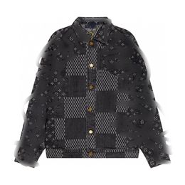 Men's Oversize Denim Jacket Plaid Jacquard Weave Coat for Men High Quality Bronze Button Lettering Base