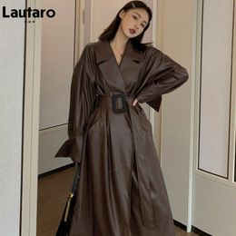 Womens Leather Faux Lautaro Autumn Long Oversized Brown Trench Coat for Women Belt Runway Stylish Loose European Style Fashion 230822