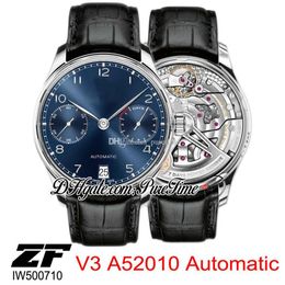 ZF V5 IW500710 Automatic A52010 Real 7 Day Power Reserve Mens Watch Blue Dial Silver Number Markers Black Leather Watches Puretime274m