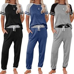 Women's Sleepwear Women Casual Short Sleeve Outfit 2023 Summer Fashion Letter Printed O Neck Pocket Suit Female T Shirt Top Pants Two Pieces