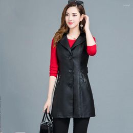 Women's Vests Black PU Leather Vest Jacket Waistcoat 2023 Spring Autumn Suit Sleeveless Mid Long Coat Female Outwear