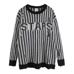 Men's Sweaters Streetwear Letter Embroidery Hole Colour Black Vertical Stripe Wool Sweaters for Men and Women Crew Neck Baggy Y2K Pullover Tops 230822