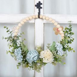 Decorative Flowers Cilected Artificial Flower Wreath Wood Beads Peony Indoor/Outdoor Farmhouse Wreaths For Front Door Decor