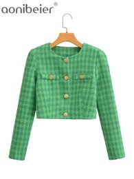 Women's Suits Blazers Aonibeier Spring Women Tweed Jacket Traf Metal Buttons Fitted Houndstooth Blazers Female Chic Tops Cropped Coats Green 230822