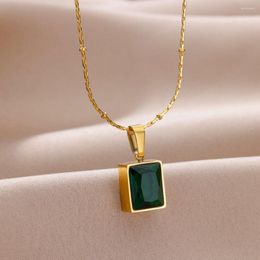 Pendant Necklaces European And American Gold Colour Stainless Steel Chain Green Square Necklace Fashion Luxury Jewelry For Women's Clavicle