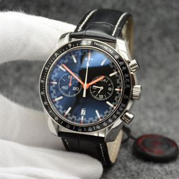 44MM Quartz Chronograph Date Mens Watches Red Hands Black Leather Strap Fixed Bezel With A Top Ring Showing Tachymeter Markings178N