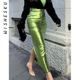 Two Piece Dress Sexy Sparkly Slit Luxury Long Skirt High Waist Metallic Green Slim Maxi Skirt 2023 Summer Elegant Birthday Party Clothes 230822