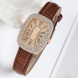 Wristwatches Fashion Watches For Womens Starry Square Rhinestone Quartz Wrist Watch Ladies Casual Brown Leather