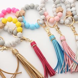 Keychains Natural Wood Eye Charm Bracelet Keychain Wristlet Leather Food Grade Silicone Bead Key Ring For Women Tassel Chain