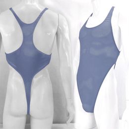 G428Q Mens bodysuit Thong Leotard High Cut Racer BacNylon spandex Stripes Semi C-thru Stretchy252b