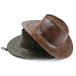 Wide Brim Hats Bucket Wholesale price cowboy hat imitation leather cracked men and women rider fedora Panama rope accessories 230821
