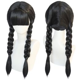 Cosplay wigs anogol sintetico mercoledì addams film di parrucca cosplay the addams famiglia lunghe trecce nere con la frangia per la festa di Halloween 230822