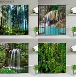 Shower Curtains Forest Landscape Shower Curtains Tree Waterfall Mount Scenery Waterproof Bathroom Curtain Set Bathtub Decor Cloth With R230829
