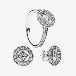 Vintage Circle Ring & Stud Earring sets Women Wedding Jewellery for Pandora 925 Silver CZ diamond Rings and Earrings with Original b223h