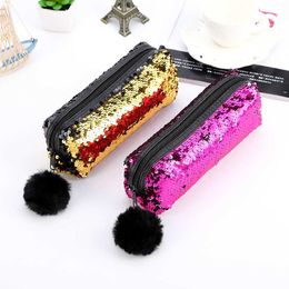 Learning Toys Colour Reversible Sequin School Supplies Stationery Cute Pencil Box School Tools Warm Ball Plush Pendant Pencil Cases bag R230822