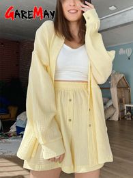 Women s Two Piece Pants Casual Loose Summer Cotton Suit 100 Long Sleeve Set Women Tracksuit Shirt and Shorts for 2023 230822