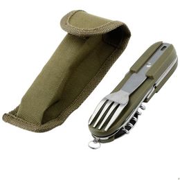 Dinnerware Sets Army Green Folding Portable Stainless Steel Cam Picnic Cutlery Knife Fork Spoon Bottle Opener Flatware Tableware Trave Dhfu3