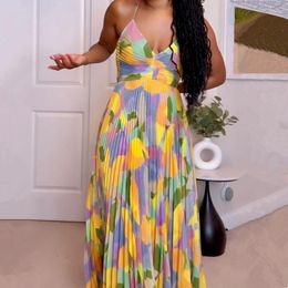 Casual Dresses Elegant Women Tie Dye Printed Spaghetti Strap V-neck Big Swing Pleated Maxi Dress 2023 Woman Sexy Beach Evening Party