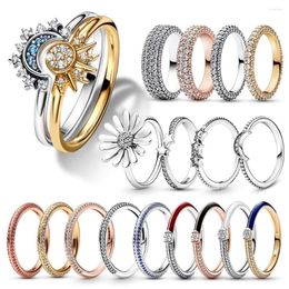 Cluster Rings Summer Celestial Blue Sparkling Moon And Sun Ring For Women Cocktail Stackable Finger Band Fashion Silver Jewellry