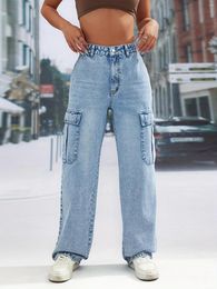 Women's Jeans Autumn 2023 Large Pocket High Waist Casual Straight Denim Pants