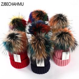 ZJBECHAHMU Hats Winter Real Fur Pompoms 15cm Hat Warm Skullies Beanies Hat Caps Women Girl Fashion Colourful Raccoon 2020 New1277b