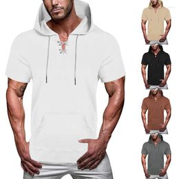 Men's Hoodies 2023 Summer T-shirt Slim Fit Sportswear Personality Fashion Hooded Short Sleeves Lace Casual Menswear