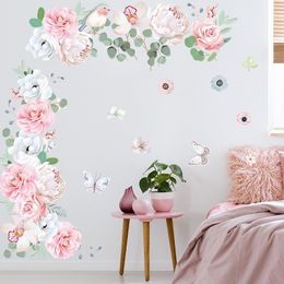 Wall Stickers Colourful Small Fresh Pink Peony Flowers Green Leaves Baby Room Decoration Bedroom Decor Decals for Bathroom 230822