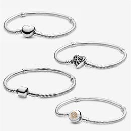 Womens Basic Moment Snake Chain Charm Bracelets Fit Pandora Beads 925 Sterling Silver Heart Family Buckle 11 Quality With Origina2131