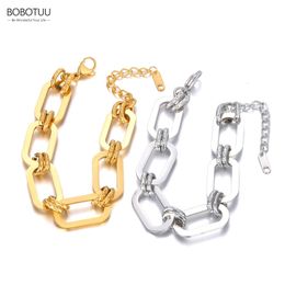 Charm Bracelets BOBOTUU Stainless Steel Geometric Cuban Link Chain Bangle For Women Men Gold Plated Fashion Jewellery BB23067 230821