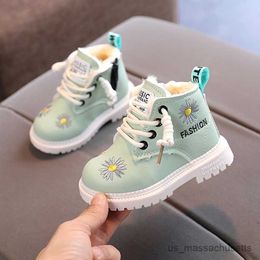 Boots Girl Leather Fashion Boots Children's Boots Green Flowers Kids Spring and Autumn New Zipper Shoes Girls Kid Ankle Boots R230822