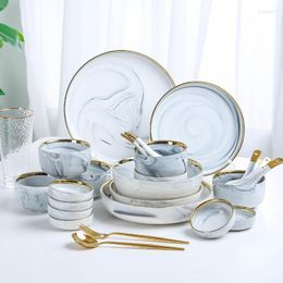 Dinnerware Sets Marble Grey Porcelain Set Electroplated Gold Rim Ceramic Tableware Easy Washed Bowl Plate Spoon Gift Box