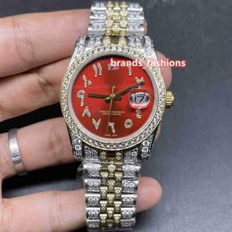 Popular New Men's Hip Hop Wristwatch Red Face Arabic Scale Bi-gold Strap Fully Automatic Mechanical Diamond Watches290Y