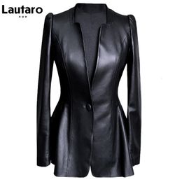 Womens Leather Faux Lautaro Autumn Black Slim Soft Pu Jacket Women Deep V Neck Long Puff Sleeve Elegant Luxury Skirted Blazer Fashion 230822