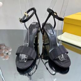 Genuine leather outsole letter sandals, hollowed out high heels, round toes, women's strategist 35-42