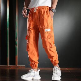 Men's Pants Baggy Orange Cargo Men Summer Hip Hop Clothing Cotton Multi-Pocket Drawstring Trousers330S