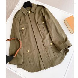 Women's Trench Coats Cosmicchic High Quality Military Green Short Coat Women 2023 Early Autumn Loose Retro Gold Single Breasted Windbreaker