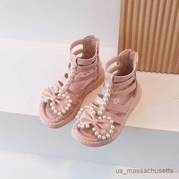 Boots Children Girls Sandals for Kids Fashion Boots Summer Flats Shoes Pearl Bowtie Toddlers Sandalias R230822