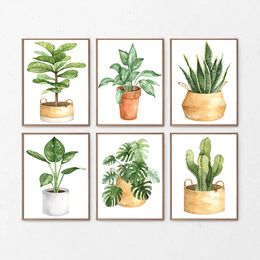 Canvas Painting House Plant Cactus Greenery Plant Monstera Leaf Poster Wall Art Picture Living Room Bedroom Home Decor No Frame Wo6