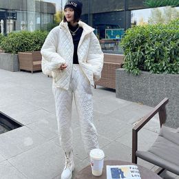 Women's Two Piece Pants Winter 2023 Hooded Rhombic Plaid Down Jacket Casual Loose Cotton Set Woman Trousers Fall Outfits Women