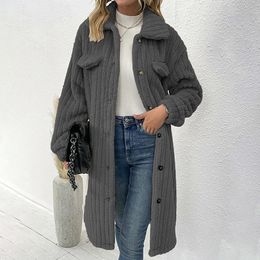 Womens Wool Blends Autumn Winter Versatile Simple Fashionable Single Breasted Turndown Collar Plush Pit Stripe Temperament Long Coat for Women 230822
