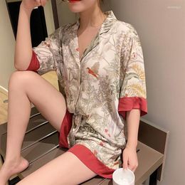 Women's Sleepwear 2 Piece Women Set Spring Summer Short Sleeve Pyjamas For Woman Silk Fashion Flowers Bird Print Sexy Satin P301W