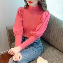 Women's Sweaters 2023 Women Solid Sweater Turtleneck Cropped Pullover Top Fashion Patchwork Full Puff Sleeve Jumpers For Female