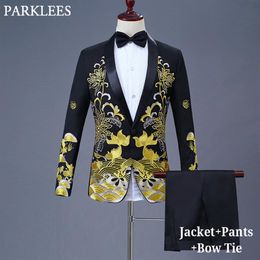 2018 Mens Embroidery Dress Suits With Pants Shawl Lapel Black Suit Men Slim Fit Prom Stage Wedding Grooms Singer Costumes Homme271K