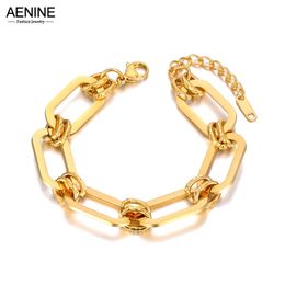 Charm Bracelets AENINE Stainless Steel Geometric Cuban Link Chain Bangle For Women Men Gold Plated Fashion Jewellery AB23067 230821