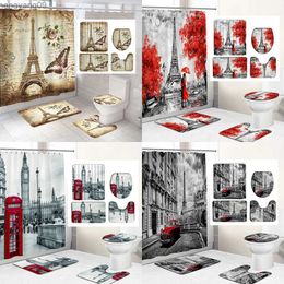 Shower Curtains Paris Tower Shower Curtain Set with Rugs Waterproof Curtain Bathing Screen Anti-slip Lid Cover Rugs Bathroom Decor R230822