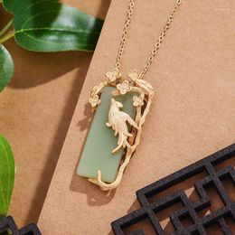 Chains Ancient Gold Craft Elegant Exquisite Magpie Flower Branch Necklace Natural An Jade Square Pendant Jewellery For Women